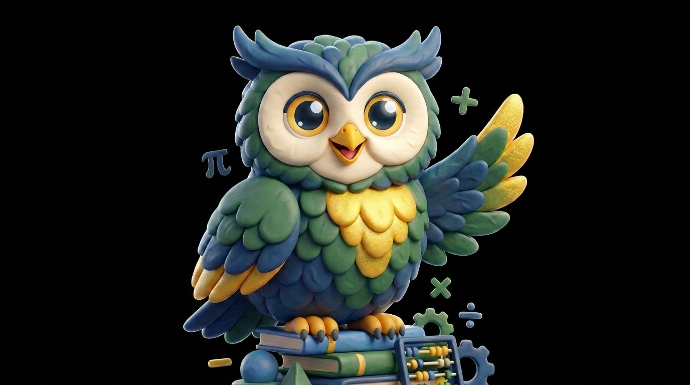 OwlyMath's owl mascot perched on a stack of books beside an abacus and math symbols